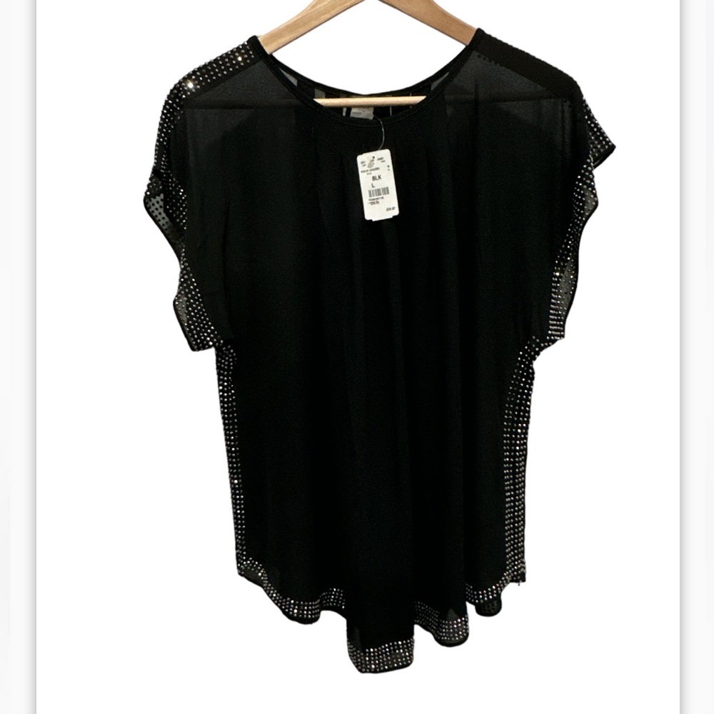 Black Sheer Rhinestones Party Top Size Large Beautiful